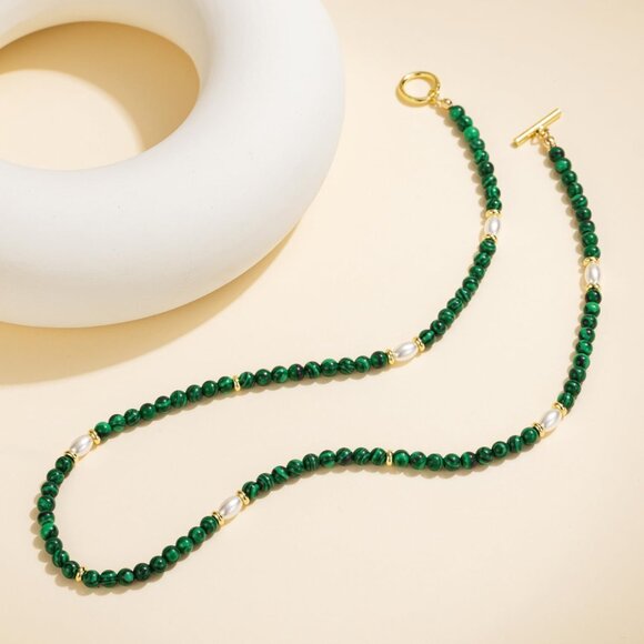 Natural Green Malachite Necklace 17in Beaded Choker with Gold Beads Pearl - Picture 5 of 6